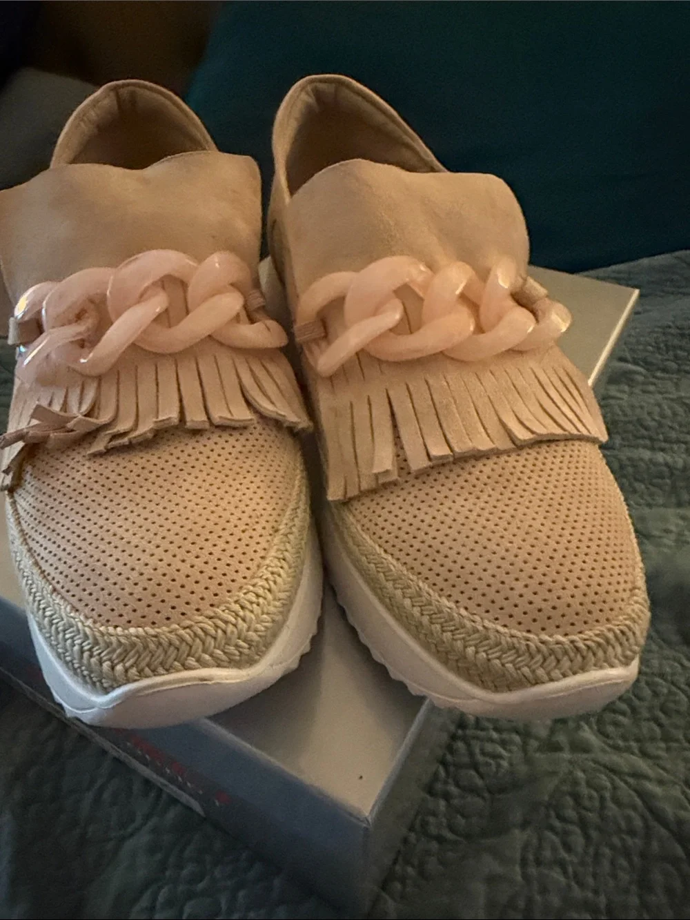 Vaneli Pink Beige Fringe Slip-On Sneakers with Decorative Chain